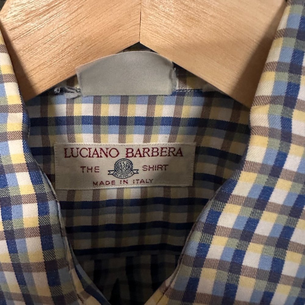 Luciana Barbera "The Shirt" Blue Yellow Brown White Chek Men's Medium - Picture 3 of 4